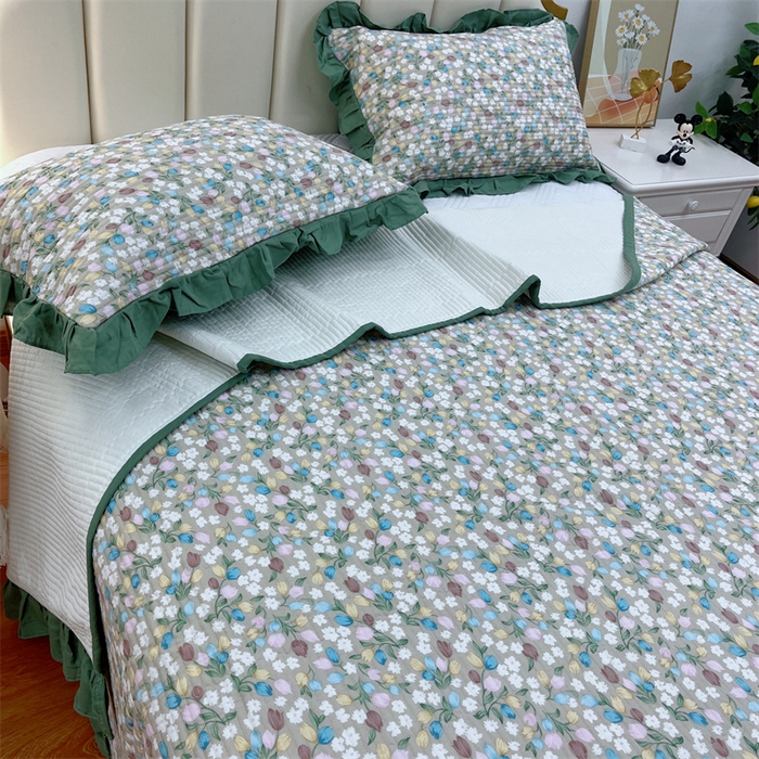 91家纺网 家纺一手货源 找家纺 暖居 2024新款A类双层纱全棉床盖三件套防滑不跑床绗缝加厚纯棉床单 青藤