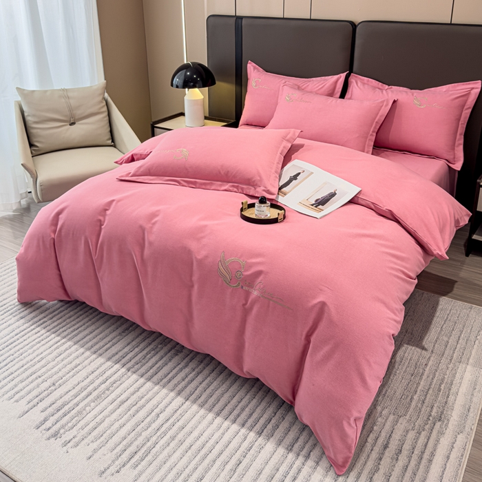 91家纺网 家纺一手货源 找家纺 U品汇 2024新品生态加厚长绒棉纯棉绣花全棉磨毛刺绣四件套直播 飞羽-香妃粉