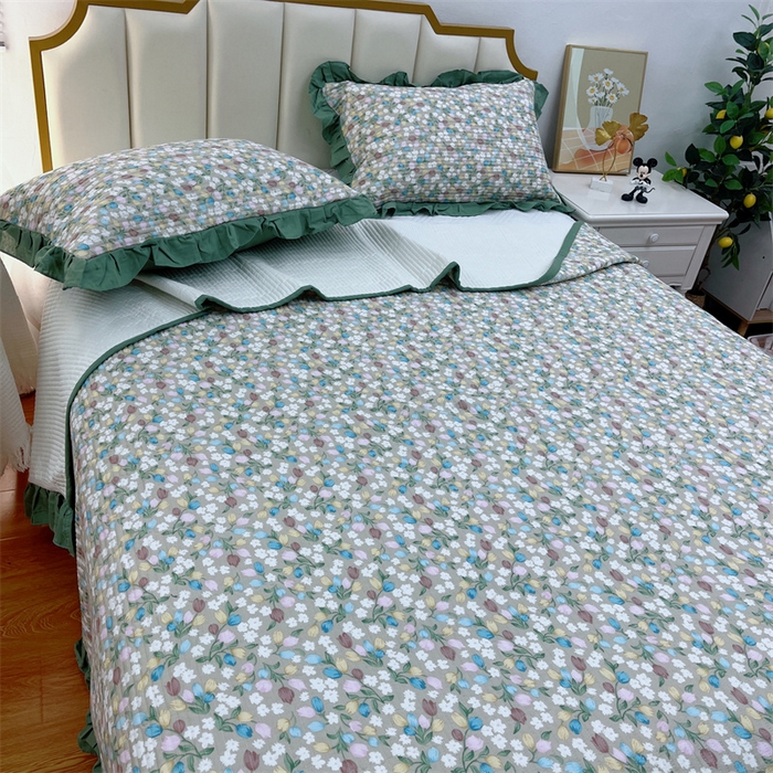 91家纺网 家纺一手货源 找家纺 暖居 2024新款A类双层纱全棉床盖三件套防滑不跑床绗缝加厚纯棉床单 青藤