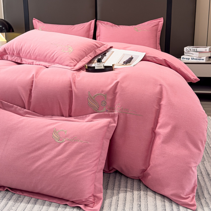 91家纺网 家纺一手货源 找家纺 U品汇 2024新品生态加厚长绒棉纯棉绣花全棉磨毛刺绣四件套直播 飞羽-香妃粉