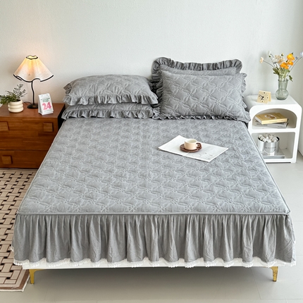 91家纺网 家纺一手货源 找家纺 忘忧草 2024新款色织水洗全棉床笠式床裙夹棉款-花颜系列 花颜-灰