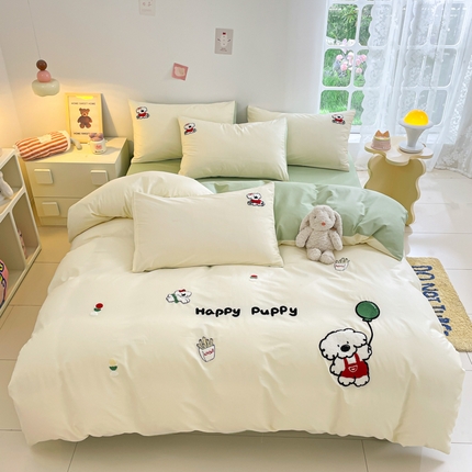 91家纺网 家纺一手货源 找家纺 丽美人家纺 2024新款水洗棉毛巾绣卡通四件套 萌萌犬-绿