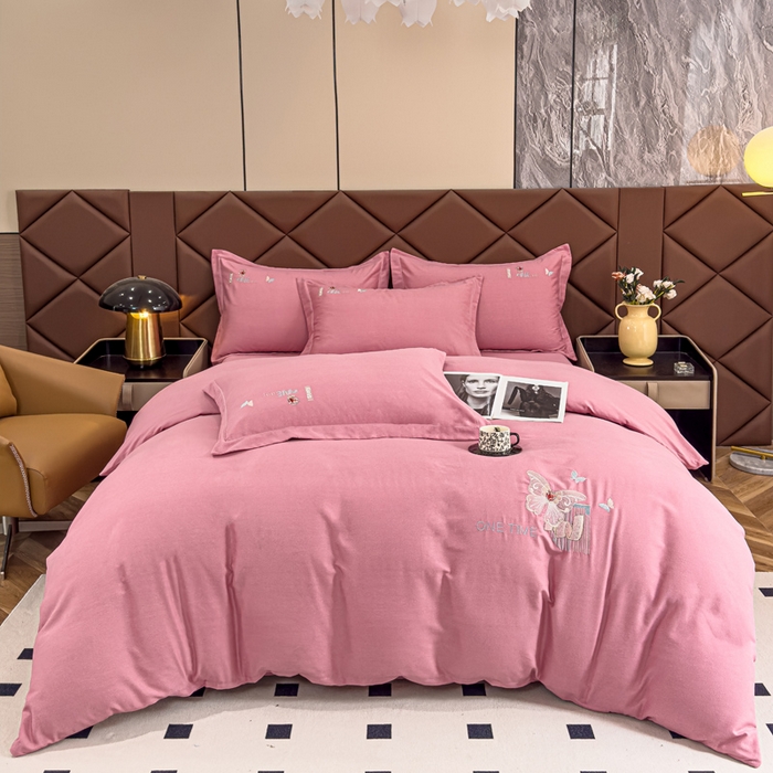 91家纺网 家纺一手货源 找家纺 U品汇 2024新品生态加厚长绒棉纯棉绣花全棉磨毛刺绣四件套直播 蝶恋花-香妃粉