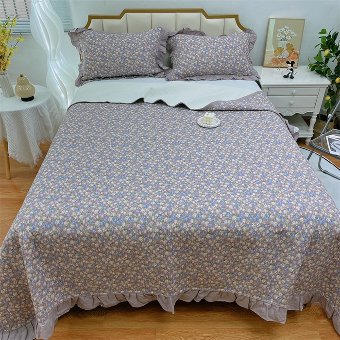 91家纺网 家纺一手货源 找家纺 暖居 2024新款A类双层纱全棉床盖三件套防滑不跑床绗缝加厚纯棉床单 紫霞