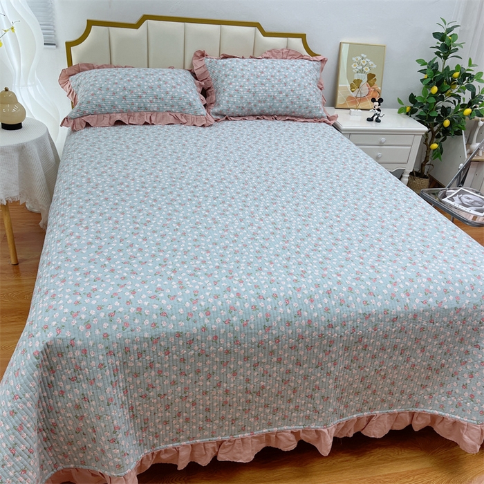 91家纺网 家纺一手货源 找家纺 暖居 2024新款A类双层纱全棉床盖三件套防滑不跑床绗缝加厚纯棉床单 苍蓝花