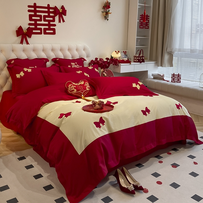 91家纺网 家纺一手货源 找家纺 玉雅家纺 2025新款60支长绒棉时尚拼色浮雕刺绣婚庆四件套 蝴蝶结-奶油黄