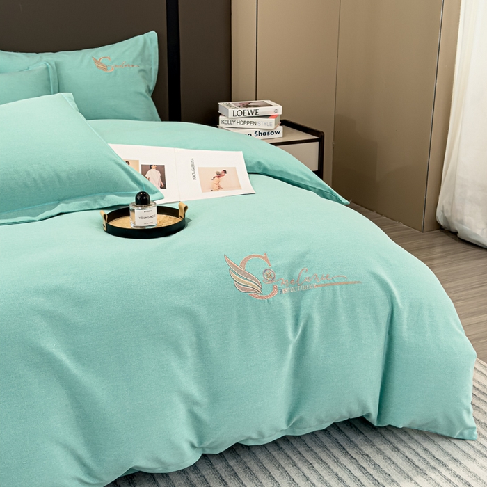 91家纺网 家纺一手货源 找家纺 U品汇 2024新品生态加厚长绒棉纯棉绣花全棉磨毛刺绣四件套直播 飞羽-清新绿