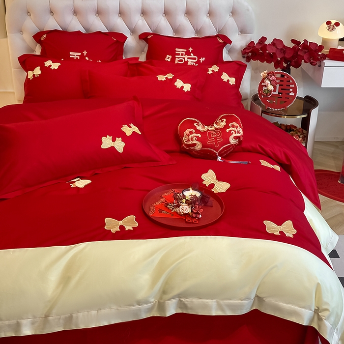91家纺网 家纺一手货源 找家纺 玉雅家纺 2025新款60支长绒棉时尚拼色浮雕刺绣婚庆四件套 蝴蝶结-红