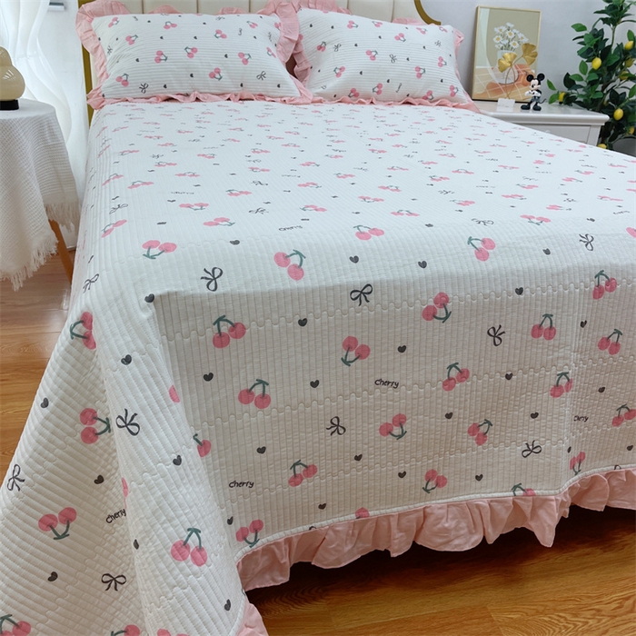 91家纺网 家纺一手货源 找家纺 暖居 2024新款A类双层纱全棉床盖三件套防滑不跑床绗缝加厚纯棉床单 爱心樱桃