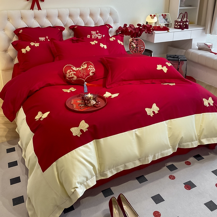 91家纺网 家纺一手货源 找家纺 玉雅家纺 2025新款60支长绒棉时尚拼色浮雕刺绣婚庆四件套 蝴蝶结-红