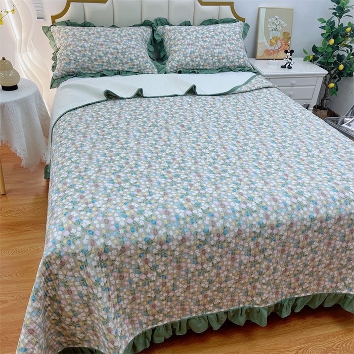 91家纺网 家纺一手货源 找家纺 暖居 2024新款A类双层纱全棉床盖三件套防滑不跑床绗缝加厚纯棉床单 青藤