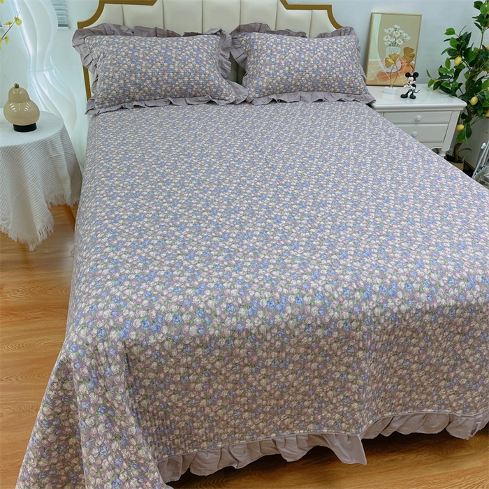 91家纺网 家纺一手货源 找家纺 暖居 2024新款A类双层纱全棉床盖三件套防滑不跑床绗缝加厚纯棉床单 紫霞