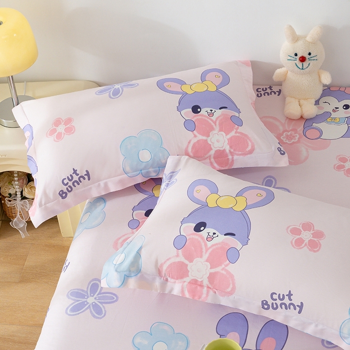 91家纺网 家纺一手货源 找家纺 丽美人家纺 2024新款全棉印花单枕套枕芯 粉色兔宠