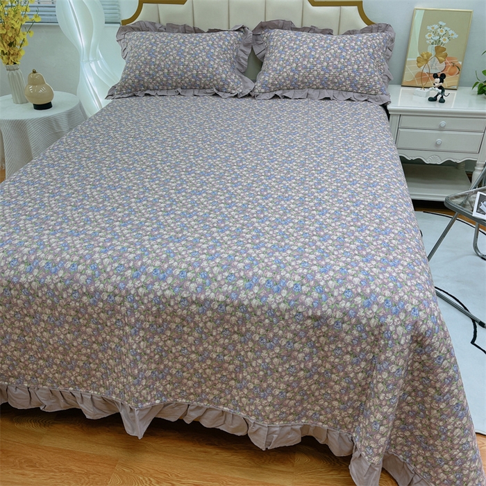 91家纺网 家纺一手货源 找家纺 暖居 2024新款A类双层纱全棉床盖三件套防滑不跑床绗缝加厚纯棉床单 紫霞