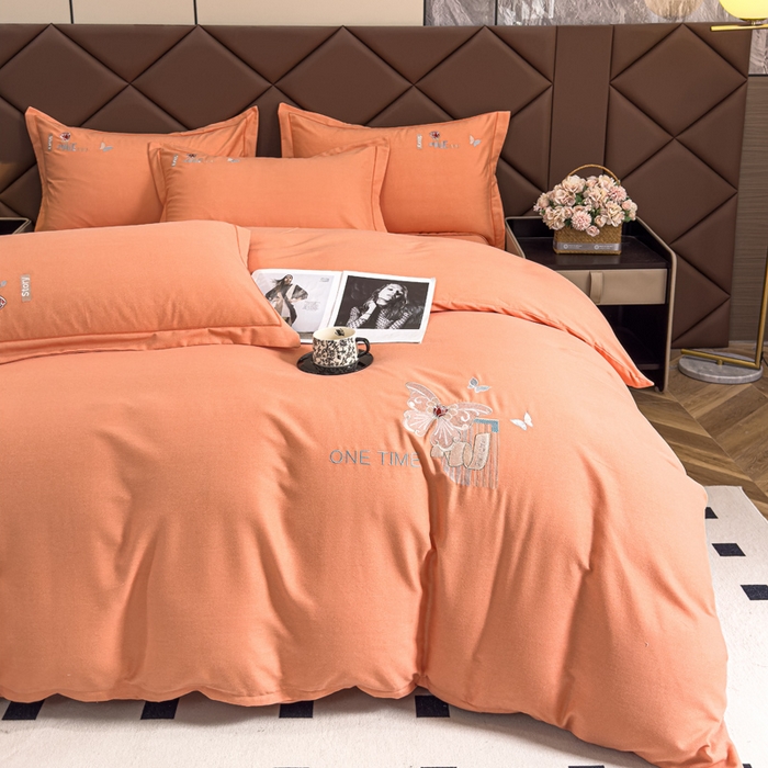 91家纺网 家纺一手货源 找家纺 U品汇 2024新品生态加厚长绒棉纯棉绣花全棉磨毛刺绣四件套直播 蝶恋花-活力桔