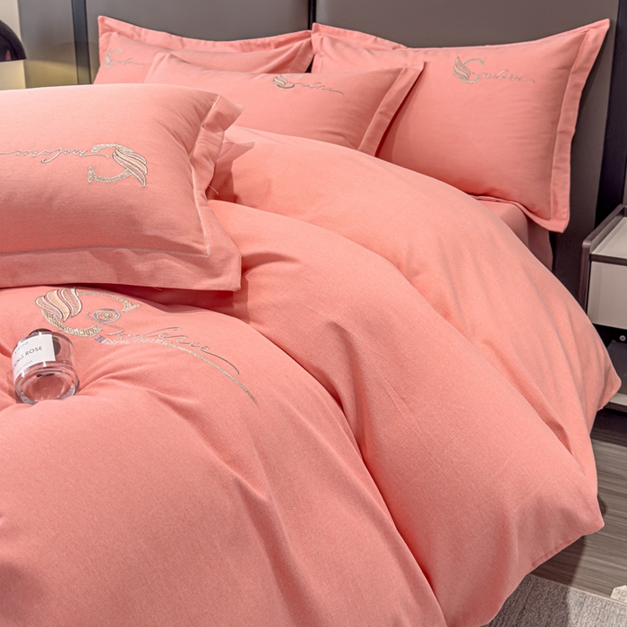 91家纺网 家纺一手货源 找家纺 U品汇 2024新品生态加厚长绒棉纯棉绣花全棉磨毛刺绣四件套直播 飞羽-樱花粉