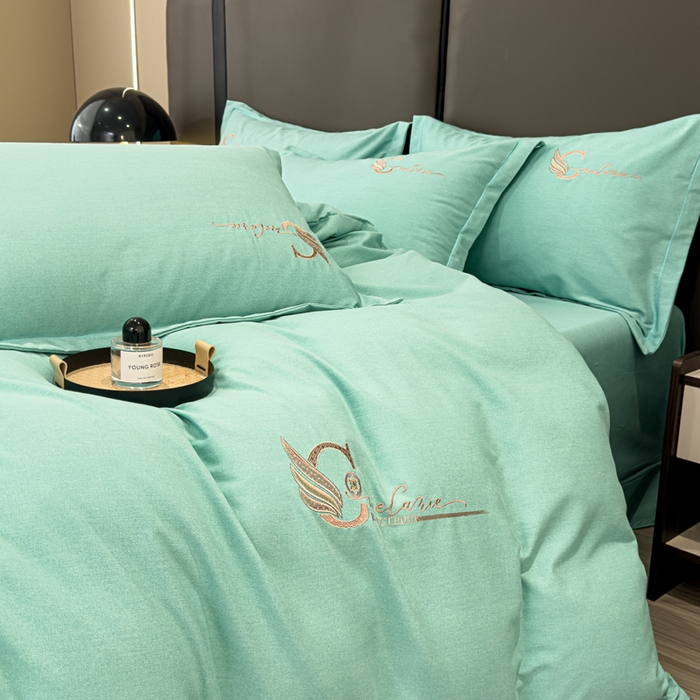 91家纺网 家纺一手货源 找家纺 U品汇 2024新品生态加厚长绒棉纯棉绣花全棉磨毛刺绣四件套直播 飞羽-清新绿