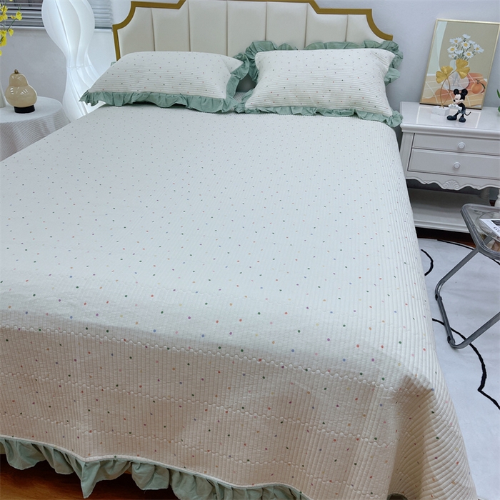91家纺网 家纺一手货源 找家纺 暖居 2024新款A类双层纱全棉床盖三件套防滑不跑床绗缝加厚纯棉床单 奶油波点