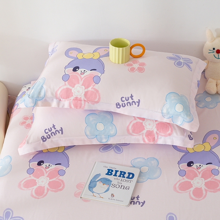 91家纺网 家纺一手货源 找家纺 丽美人家纺 2024新款全棉印花单枕套枕芯 粉色兔宠