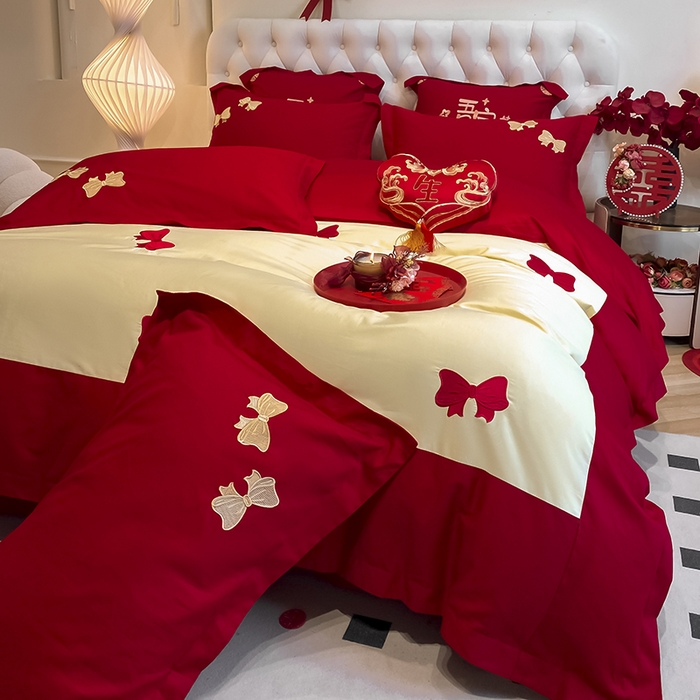 91家纺网 家纺一手货源 找家纺 玉雅家纺 2025新款60支长绒棉时尚拼色浮雕刺绣婚庆四件套 蝴蝶结-奶油黄