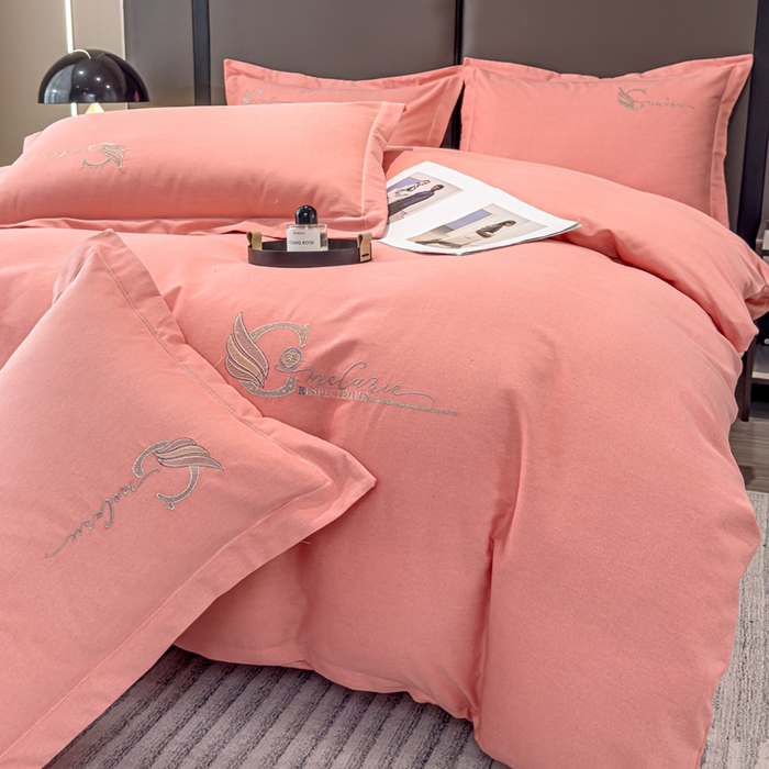 91家纺网 家纺一手货源 找家纺 U品汇 2024新品生态加厚长绒棉纯棉绣花全棉磨毛刺绣四件套直播 飞羽-樱花粉