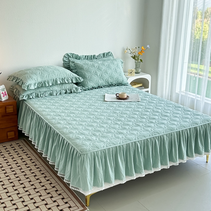 91家纺网 家纺一手货源 找家纺 忘忧草 2024新款色织水洗全棉床笠式床裙夹棉款-花颜系列 花颜-绿