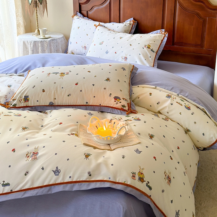 91家纺网 家纺一手货源 找家纺 丫丫家纺 2024小红书直播热款韩版全棉磨毛四件套秋冬加厚保暖全棉四件套美式复古蝴蝶结小清新床单床笠款四件套 南瓜兔