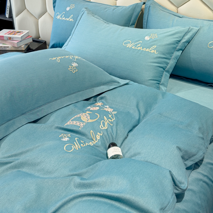 91家纺网 家纺一手货源 找家纺 U品汇 2024新品生态加厚长绒棉纯棉绣花全棉磨毛刺绣四件套直播 迪洛驰-月光蓝