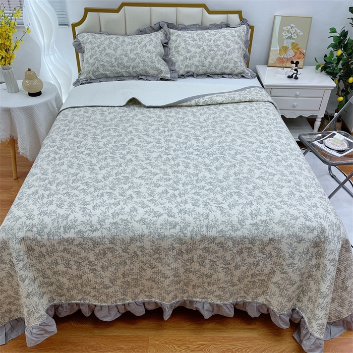 91家纺网 家纺一手货源 找家纺 暖居 2024新款A类双层纱全棉床盖三件套防滑不跑床绗缝加厚纯棉床单 清风