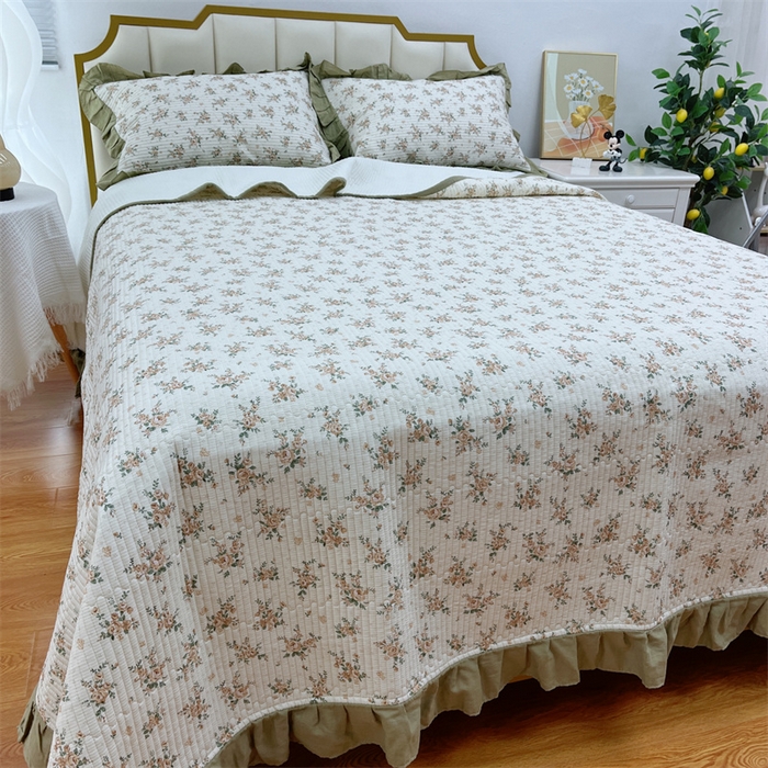 91家纺网 家纺一手货源 找家纺 暖居 2024新款A类双层纱全棉床盖三件套防滑不跑床绗缝加厚纯棉床单 花枝叶