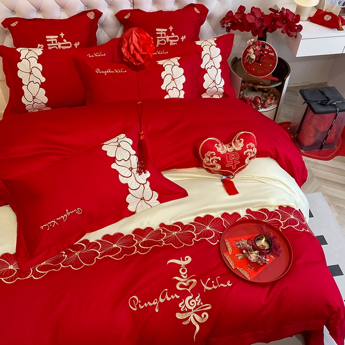 91家纺网 家纺一手货源 找家纺 玉雅家纺 2025新款60支长绒棉时尚拼色浮雕刺绣婚庆四件套 定情