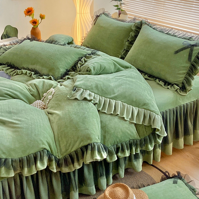 91家纺网 家纺一手货源 找家纺 言熙居 2024新款牛奶绒蕾丝花边黑纱四件套 蕾丝-小清新抹茶绿