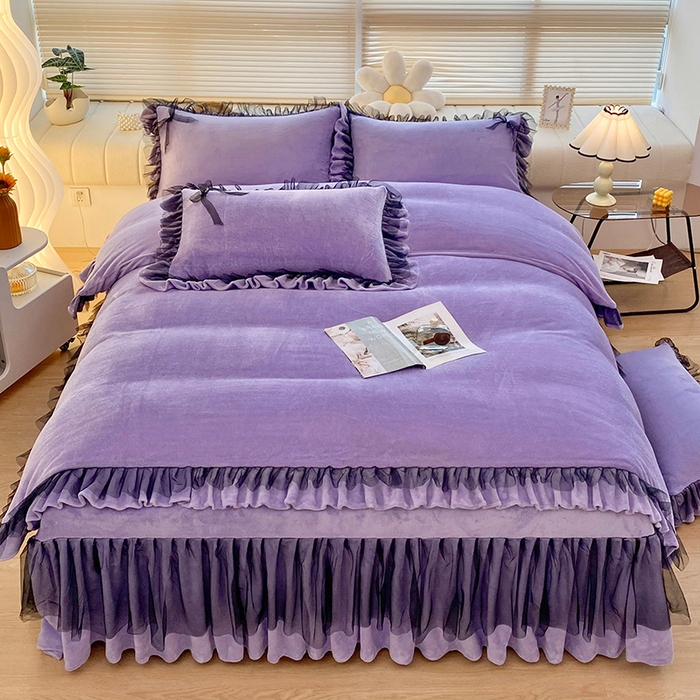 91家纺网 家纺一手货源 找家纺 言熙居 2024新款牛奶绒蕾丝花边黑纱四件套 蕾丝-小清新紫