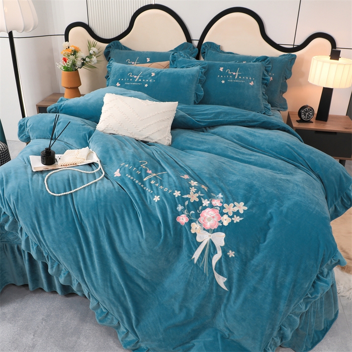 91家纺网 家纺一手货源 找家纺 优姿家纺 2024新品宝宝绒11斤夹棉床盖保暖四件套 今生有约-宝石蓝