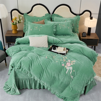 优姿家纺 2024新品宝宝绒11斤夹棉床盖保暖四件套 今生有约-果绿