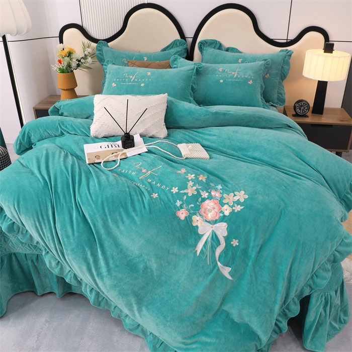 91家纺网 家纺一手货源 找家纺 优姿家纺 2024新品宝宝绒11斤夹棉床盖保暖四件套 今生有约-湖蓝