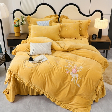 91家纺网 家纺一手货源 找家纺 优姿家纺 2024新品宝宝绒11斤夹棉床盖保暖四件套 今生有约-姜黄