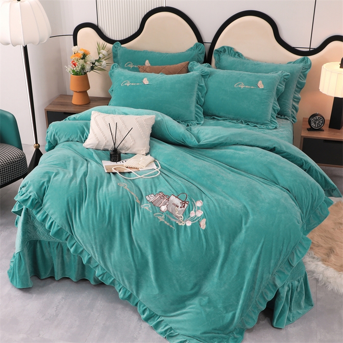 91家纺网 家纺一手货源 找家纺 优姿家纺 2024新品宝宝绒11斤夹棉床盖保暖四件套 小资生活-湖蓝