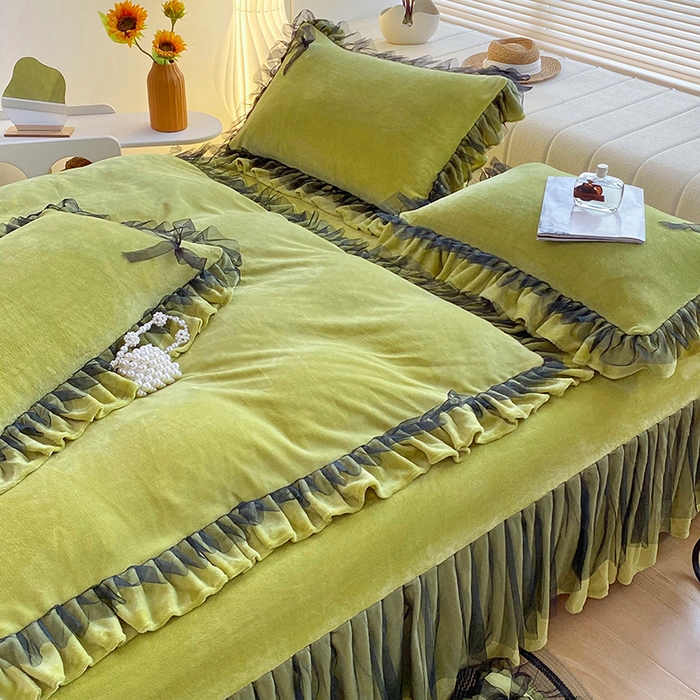 91家纺网 家纺一手货源 找家纺 言熙居 2024新款牛奶绒蕾丝花边黑纱四件套 蕾丝-小清新绿