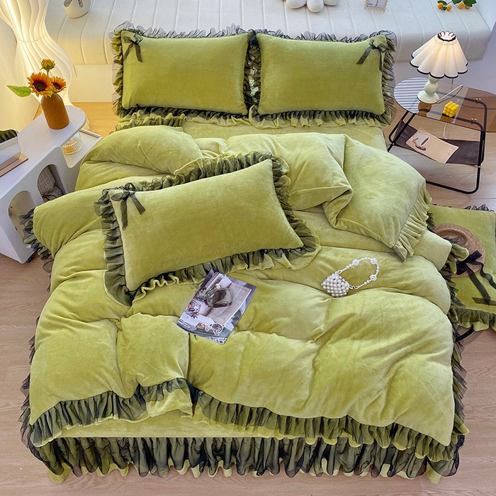 91家纺网 家纺一手货源 找家纺 言熙居 2024新款牛奶绒蕾丝花边黑纱四件套 蕾丝-小清新绿