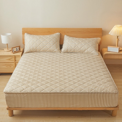 多谷家纺 2024新款格子无印风系列棉花夹棉床笠 浅驼小格