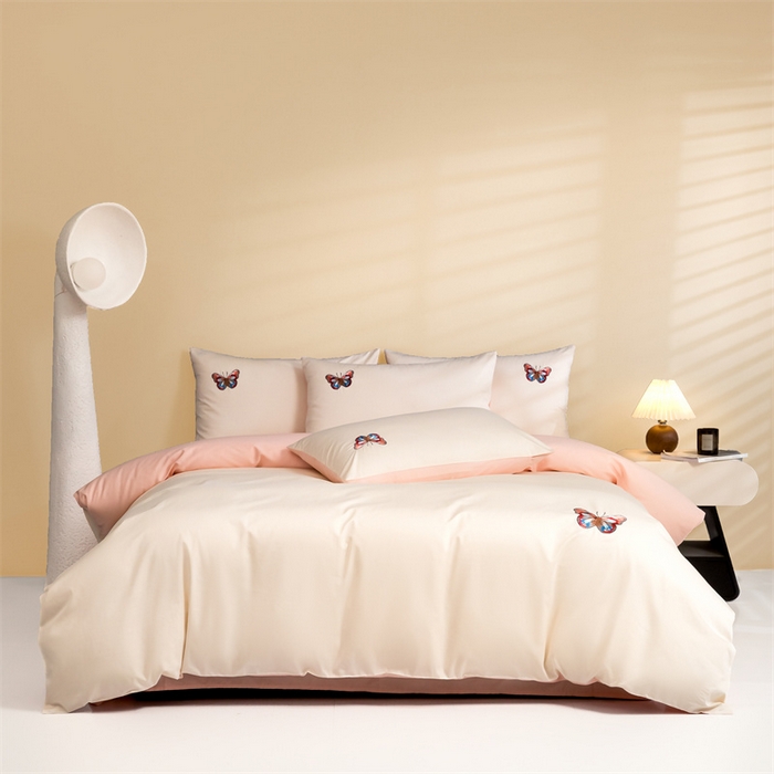 91家纺网 家纺一手货源 找家纺 蓝米卡夫 2024新款A类100支全棉刺绣蝶恋系列四件套(礼盒包装） 蝶恋100支-浅茶杏配蔷薇粉