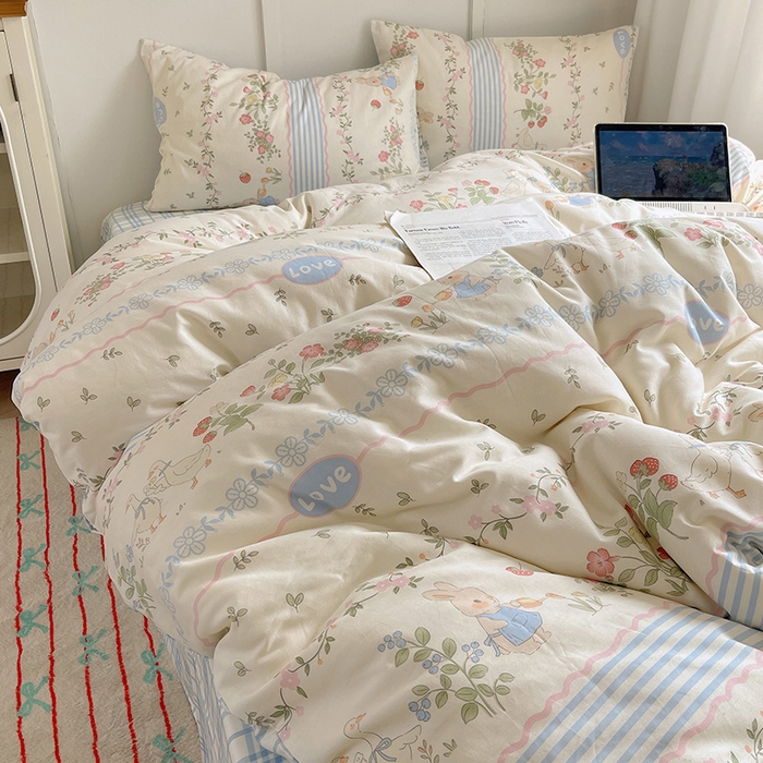 91家纺网 家纺一手货源 找家纺 瑞莱 （持续上新）2024开学季全棉萌趣印花四件套 花边可爱兔