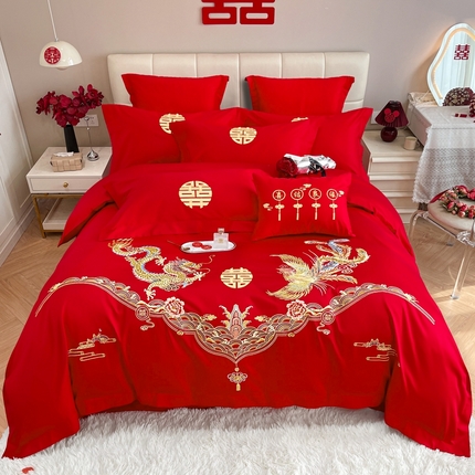 金麦家纺 2024新款婚庆加厚亲肤棉刺绣套件婚庆四件套六件套小红书推荐 龙凤呈祥