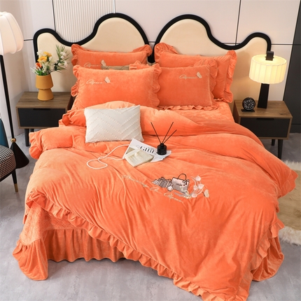 优姿家纺 2024新品宝宝绒11斤夹棉床盖保暖四件套 小资生活-橙色