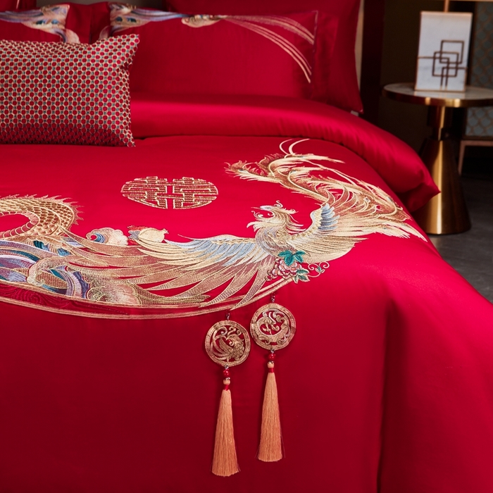 91家纺网 家纺一手货源 找家纺 美娘阁 2025新款长绒棉贡缎新中式古典韵味精美刺绣婚庆四件套多件套系列 相爱相守