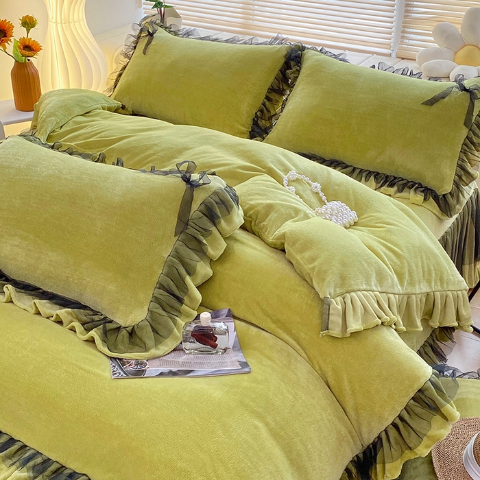 91家纺网 家纺一手货源 找家纺 言熙居 2024新款牛奶绒蕾丝花边黑纱四件套 蕾丝-小清新绿