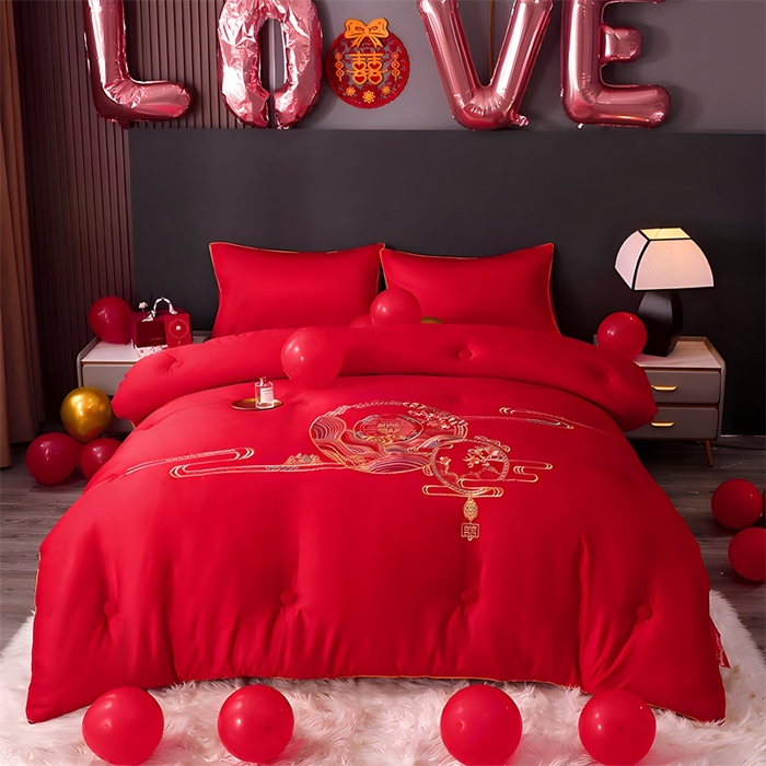 91家纺网 家纺一手货源 找家纺 壹张床 2025新款婚庆被绣花大红大豆被冬被喜庆被芯 吉祥如意