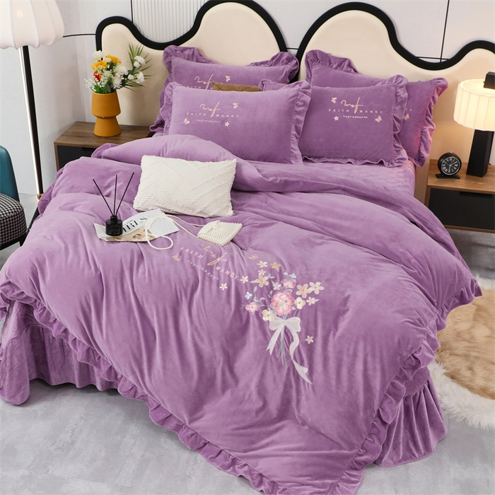 91家纺网 家纺一手货源 找家纺 优姿家纺 2024新品宝宝绒11斤夹棉床盖保暖四件套 今生有约-优雅紫