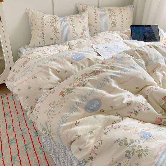 91家纺网 家纺一手货源 找家纺 瑞莱 （持续上新）2024开学季全棉萌趣印花四件套 花边可爱兔